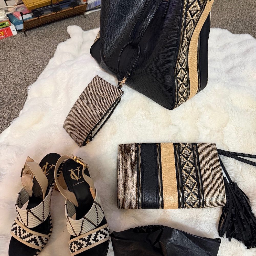 Tote purse, clutch, heels, and head band